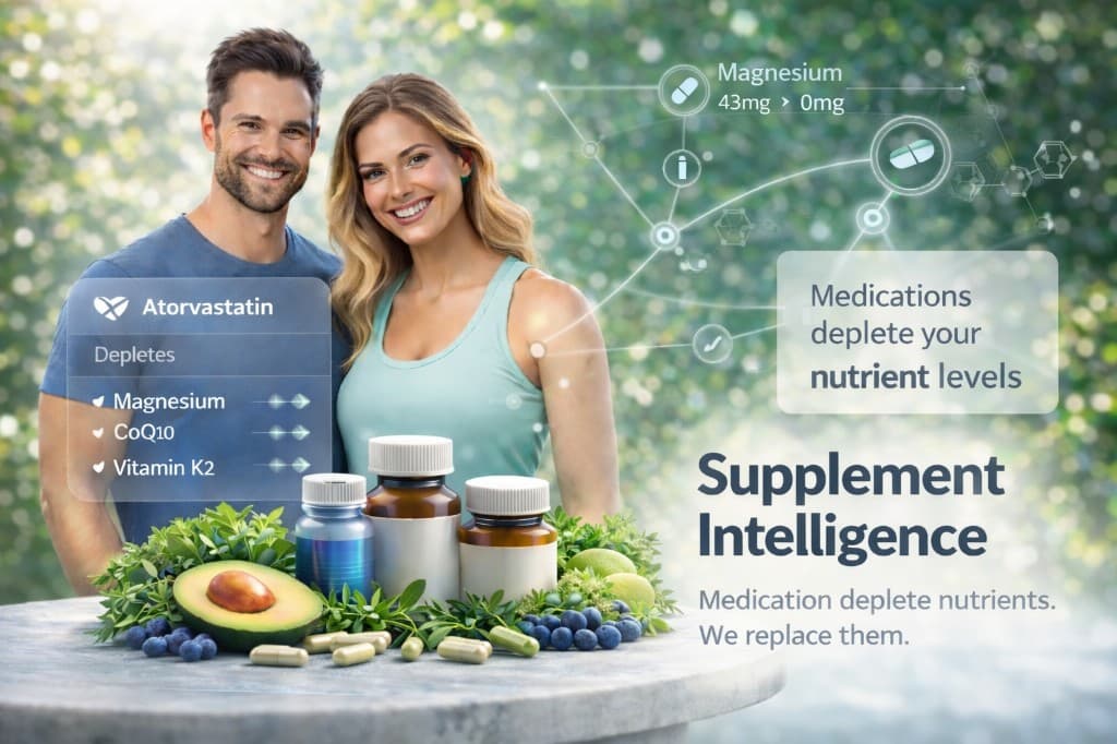 Supplement Intelligence — healthy lifestyle with whole foods and supplements, and clinical visualization of medication nutrient depletion